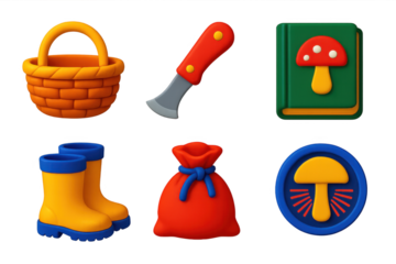 Collection of cartoonish items, including a basket, a book, a mushroom