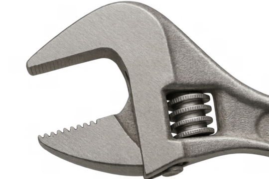 Adjustable wrench close-up with open jaws showing tool mechanism on transparent background, symbolizing repair and plumbing work - Powered by Adobe