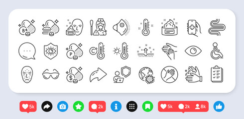 Overeating pills, Wash hands and Thermometer line icons pack. Social media: share, comment, like icons. Weather thermometer, Disability, Checklist web icon. Vector