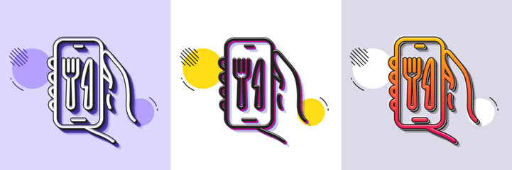 Restaurant app line icon. Halftone dotted pattern. Gradient icon with grain shadow. Hand hold phone sign. Cellphone with screen notification symbol. Line restaurant app icon. Various designs. Vector