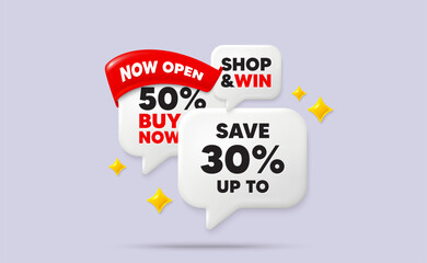 Discount speech bubbles. Now open flag ribbon. Save up to 30 percent tag. Discount Sale offer price sign. Special offer symbol. Discount chat bubbles with 3d sparkles. Vector