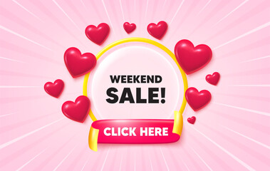 Weekend sale sunburst ray banner. Click here flag ribbon. Weekend Sale tag. Special offer price sign. Advertising Discounts symbol. 3d hearts glitter. Red ribbon tag. Discount offer. Vector