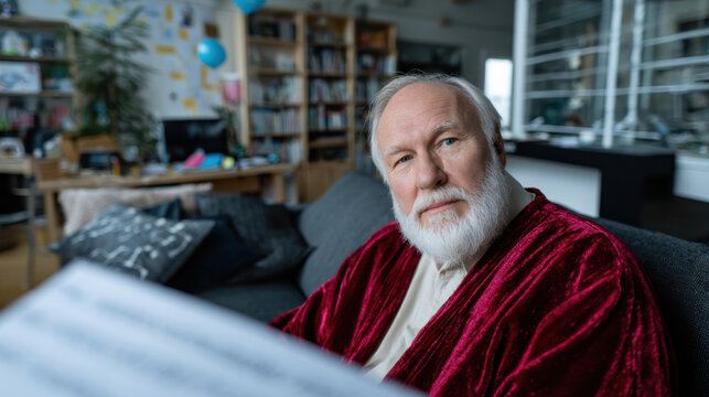 An elderly man dressed in a red robe scans a document with focus, reflecting the quiet moments of contemplation and the intellectual atmosphere of a thoughtful setting.