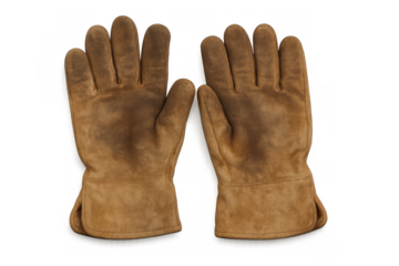Pair of brown suede leather work gloves providing hand protection against hazards, on transparent background