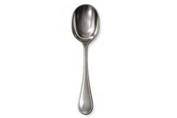 Silver metal utensil with shiny surface, a cutlery element for cooking and eating, featuring a transparent background