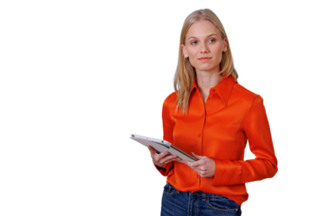 Businesswoman holding tablet computer for corporate presentation, using digital technology tool, transparent background