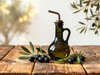 Still life of olive oil in a glass bottle with olives and rosemary on a rustic wooden table surface top