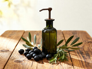Olive oil bottle with dispenser surrounded by olives rosemary and olive branches on wooden table top