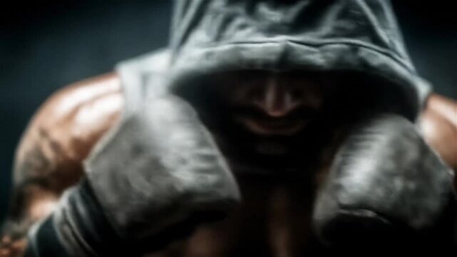Intense boxing training in a dimly lit gym as a fighter prepares for the big match