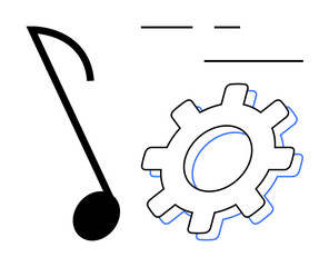 Music note beside a gear with abstract lines, merging creative arts with technical concepts. Ideal for innovation, creativity, technology, engineering, music, collaboration and automation. Simple