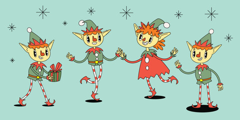 Christmas Elves characters set. Cartoon groovy 70s holiday mascots. Merry Christmas and Happy New Year. Comic Boy and girl elves. Vector winter holiday illustrations.