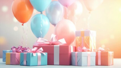 This captures a festive scene of celebration with colorful balloons and wrapped gifts on a table. The arrangement suggests a birthday or special occasion party. - Powered by Adobe