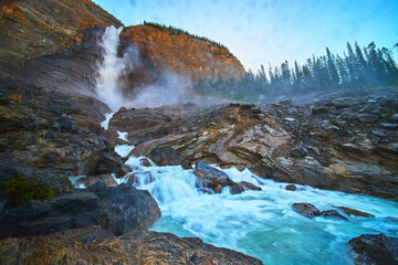 Takakkaw Falls Powerful Waterfall Flowing Over Rocky Mountain in Yoho National Park