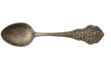 Vintage ornate metal spoon with floral pattern, antique silverware for tableware, old cutlery concept on transparent background