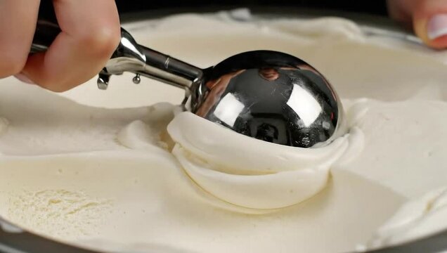 Close up of a person using a metal ice cream scoop on a large container of white ice cream dessert