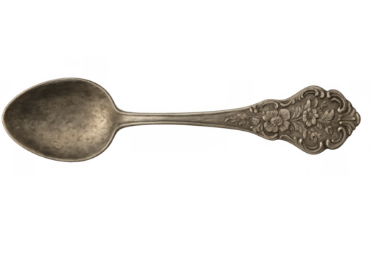 Vintage ornate metal spoon with floral pattern, antique silverware for tableware, old cutlery concept on transparent background