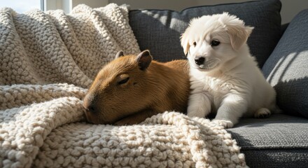 Adorable Puppy and Capybara Companions Relaxing Together on a Cozy Blanket
