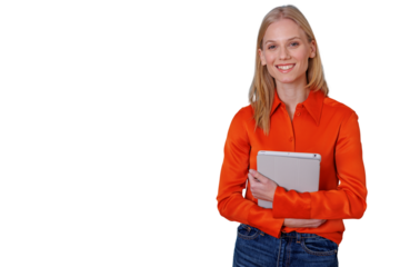 Blonde woman wearing an orange shirt and jeans, smiling while holding a digital tablet, representing business and casual tech use