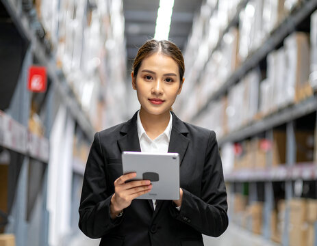 Confident Asian businesswoman using a tablet in a modern warehouse, managing logistics and inventory efficiently.