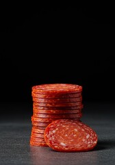 Fiery red round slices of cured spicy sausage, commonly known as pepperoni, stacked or scattered, perfect for pizza and savory dishes ,round ,pizza ,sausage
