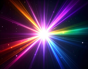 Naklejka premium Vibrant rainbow light burst radiating dynamic colorful beams and sparkling particles on a dark, cosmic background. Energetic and abstract graphic.
