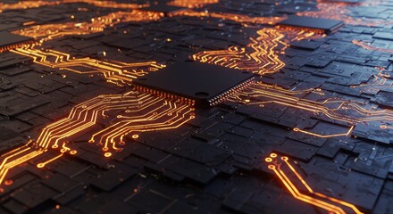 Futuristic digital circuit board with glowing orange pathways representing data flow and technology