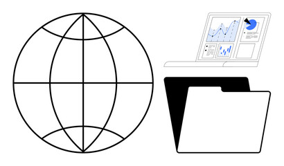 Fototapeta na wymiar Globe symbol beside a laptop displaying analytics and a folder icon. Ideal for data exchange, global networking, business analysis, digital organization, communication, research, simple flat metaphor