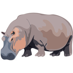 A pixelated grey hippopotamus with a pinkish face stands on a transparent background showcasing its large body and short legs in a stylized illustration