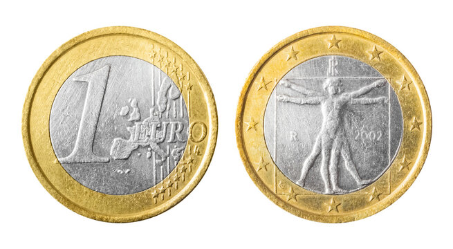 Isolated photo of 1 euro Italy 2002 R coin obverse and reverse on white background.
