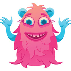 A playful pink cartoon monster with blue ears and arms, smiling with wide eyes and raised hands, on a transparent background, illustration style