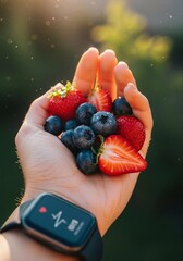 A hand holding a handful of fresh blueberries and strawberries, with a smartwatch displaying a heart rate and pulse line in the foreground, signifying health tracking and diet.