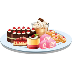 A Plate Of Assorted Desserts And Coffee With Cream And Coffee Beans On Top Isolated On A Transparent Background