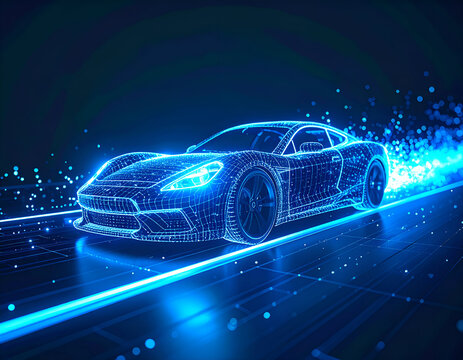 Futuristic blue wireframe car accelerating on a digital road, symbolizing innovation, data, technology, and AI in modern transportation.