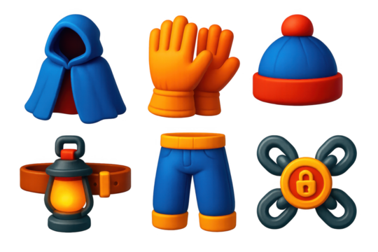 Protective Garments Icons. 3D icon set of protective garments: heavy cloak, leather gloves, wool cap, lantern belt, thick trousers