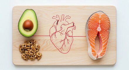 top-down view of heart-healthy foods (salmon steak, avocado, walnuts) and a stylized human heart diagram on a wooden cutting board, representing diet and cardiology.