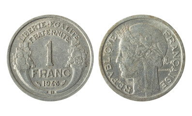 Isolated photo of 1 franc France 1948 Fourth republic coin obverse and reverse on white background.