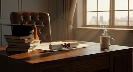 A wooden desk in a sunlit room, featuring academic graduation symbols and a hot beverage, creating a warm and inviting atmosphere