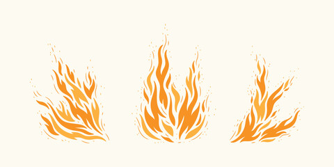 Hand drawn Vector Fire Flame Set. Campfire Silhouettes. Bonfire Drawing