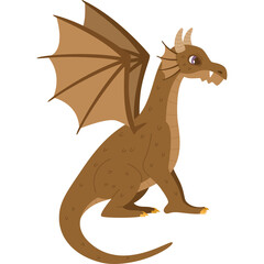 A pixel art brown dragon with large wings and golden claws sits attentively on a transparent background showcasing its textured scales and sharp teeth in a profile view a mythical creature