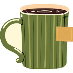 A pixel art style green striped mug filled with dark liquid and a tea bag dangling on the side on a transparent background