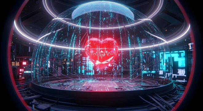 futuristic 3D render of a glowing red digital heart with a pulse line, encased in a glass dome on a complex electronic circuit board - Powered by Adobe