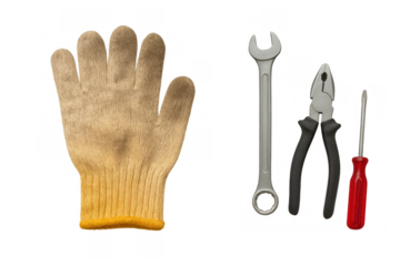 Handyman tools including work glove, wrench, pliers, and screwdriver for construction, repair, and maintenance tasks