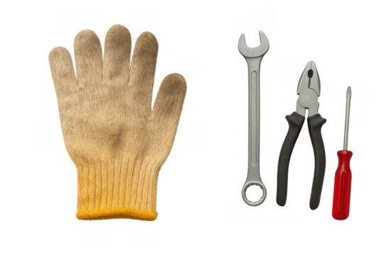 Handyman tools including work glove, wrench, pliers, and screwdriver for construction, repair, and maintenance tasks