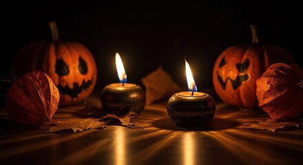 Flickering flame casting eerie shadows over seasonal autumn decorations, creating a spooky and mysterious atmosphere for the holiday night ,ghostly ,halloween ,flame
