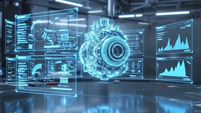 Futuristic Engine Diagnostics Examining a Transparent Hologram of a Turbine Engine with Interface Overlays