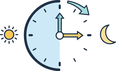 a clock divided into light and dark halves, illustrating a time change with an arrow, representing daylight savings time or day-to-night transition.