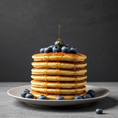 Fluffy golden pancakes stacked high, generously adorned with fresh, vibrant blueberries and a drizzle of sweet maple syrup. A perfect morning treat ,food ,golden ,tasty