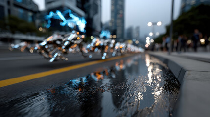 A captivating view of a modern urban landscape, showcasing futuristic architecture and dynamic lighting reflecting off a wet street, conveying innovation and progress.