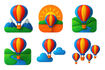 Scenic Balloon Icons. 3D icon set of scenic balloon flights: mountain view, sunrise glow, valley below, river reflection, cloud