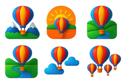 Scenic Balloon Icons. 3D icon set of scenic balloon flights: mountain view, sunrise glow, valley below, river reflection, cloud